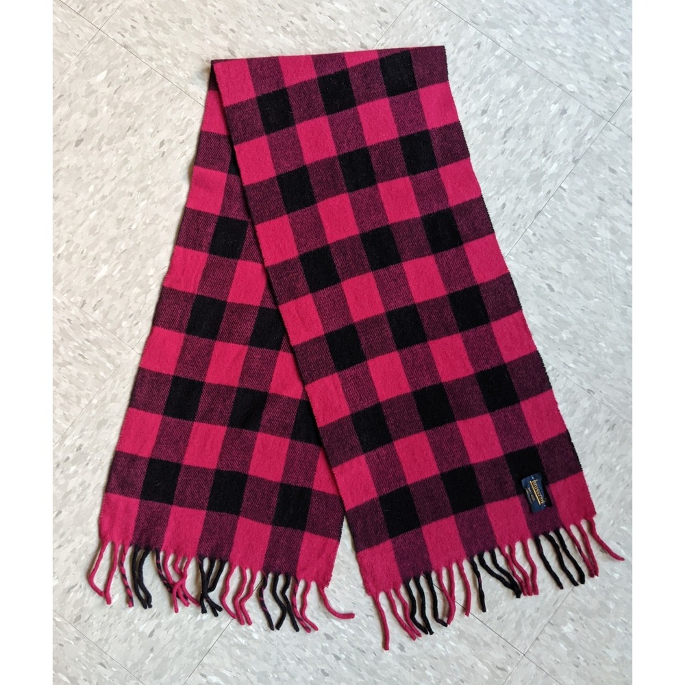 Brassrail Pink Black Buffalo Plaid 100% Wool Scarf Made in Italy Fringe Trim - Picture 2 of 6